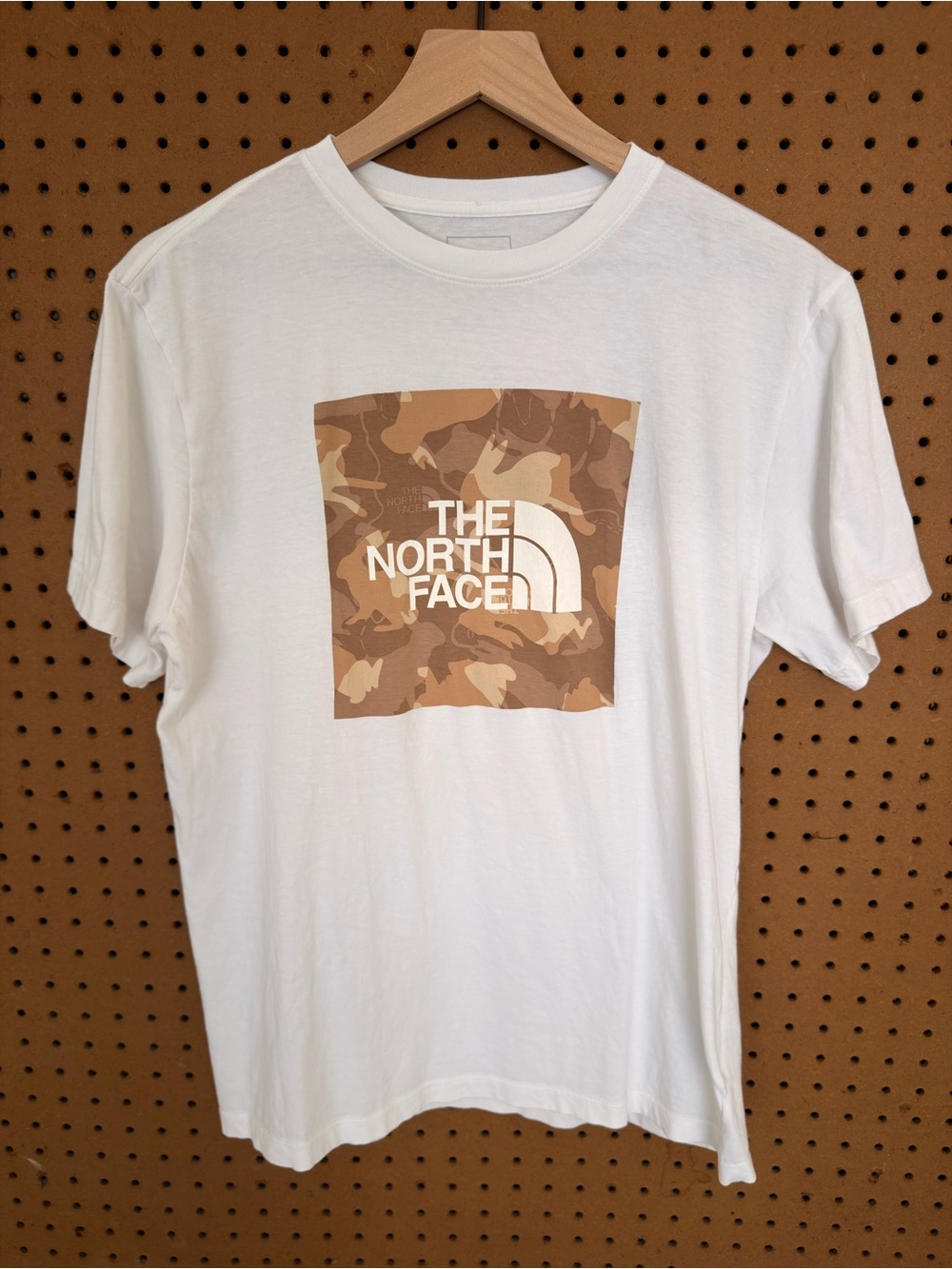 The North Face Men’s White Tee with Brown Camo Logo Square